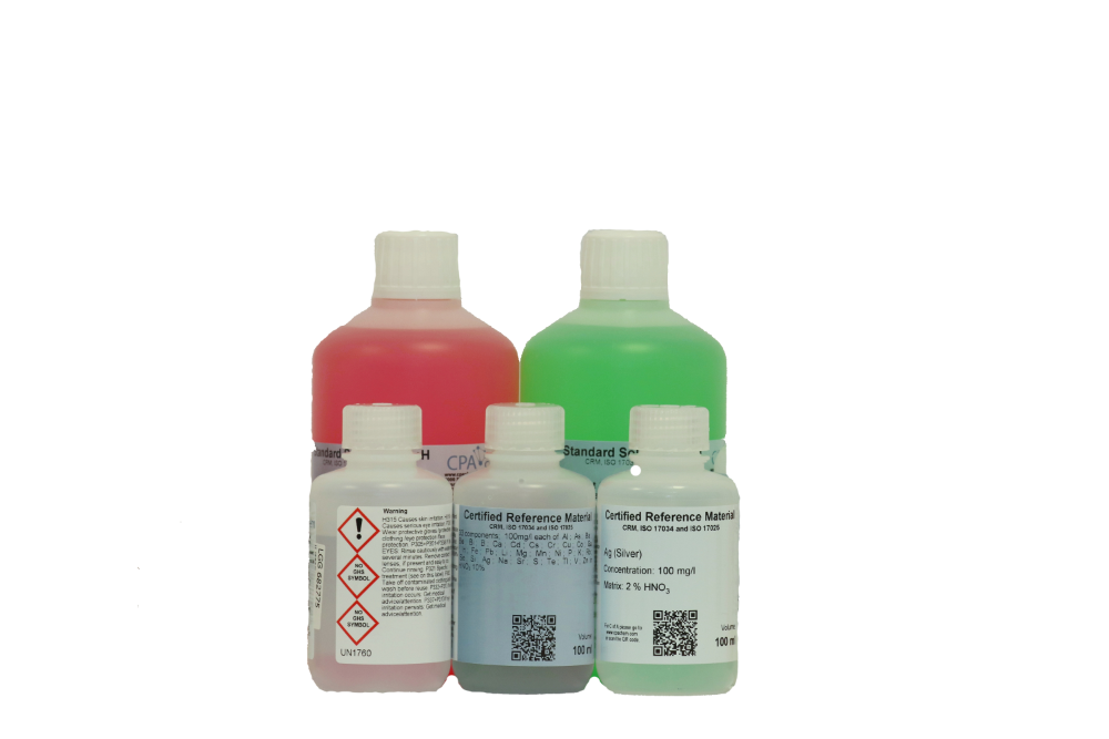 PADRÃO “MRC” MONO E MULTI ELEMENTAR PARA AA - ABSORÇÃO ATÔMICA, CERTIFICADO ISO 17034, FRASCO DE 125ML E 500ML - CPA CHEM